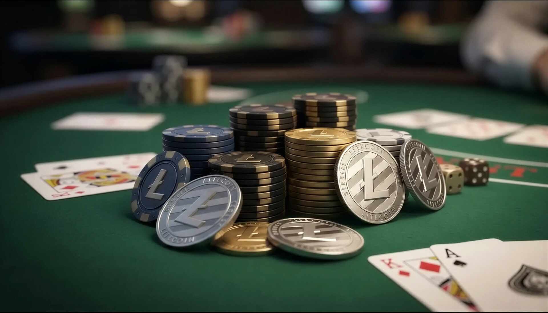 Litecoin munten en fiches op een casinotafel